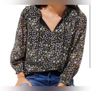 LOFT‎ Women's Floral Print V-Neck Sleeveless Blouse Top Black Yellow White M